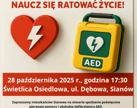 Zapraszamy mieszkańców Sianowa na otwarte spotkanie poświęcone pierwszej pomocy i obsłudze defibrylatora AED. Podczas wydarzenia uczestnicy poznają prostą obsługę AED urządzenia, które samodziel